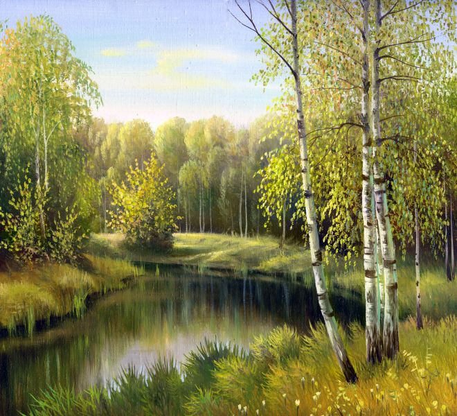 Картина на холсте Речка в березовом лесу, арт hd0479901