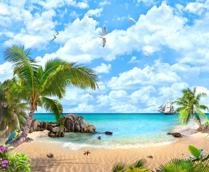 Картина на холсте Пляж, чайки, корабль, арт hd0485801