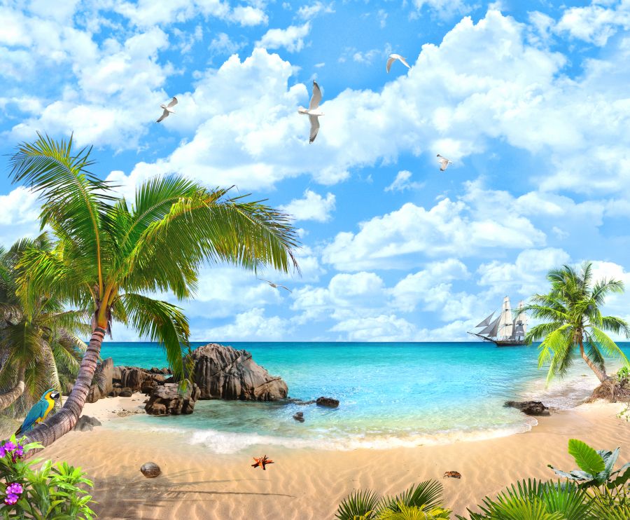 Картина на холсте Берег на острове с пальмами и голубым небом, арт hd0864501