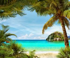 Фреска берег с пальмами на острове и голубым морем
