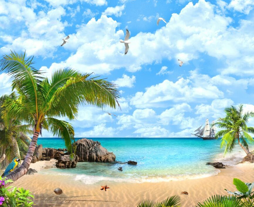 Картина на холсте Берег на острове с пальмами и голубым небом, арт hd0864501