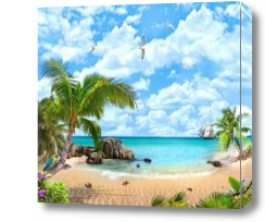 Картина Берег на острове с пальмами и голубым небом